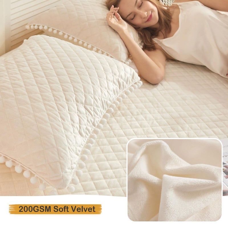 LIFEREVO Set of 2 Diamond Quilted Velvet Bed Pillowcases 20"x26", Pom Poms Fringe Decorative Throw Pillow Shams, Soft Bed Pillow Cases Zipper Closure for Teen's Girls Bedroom (Beige, Standard) - Image 5